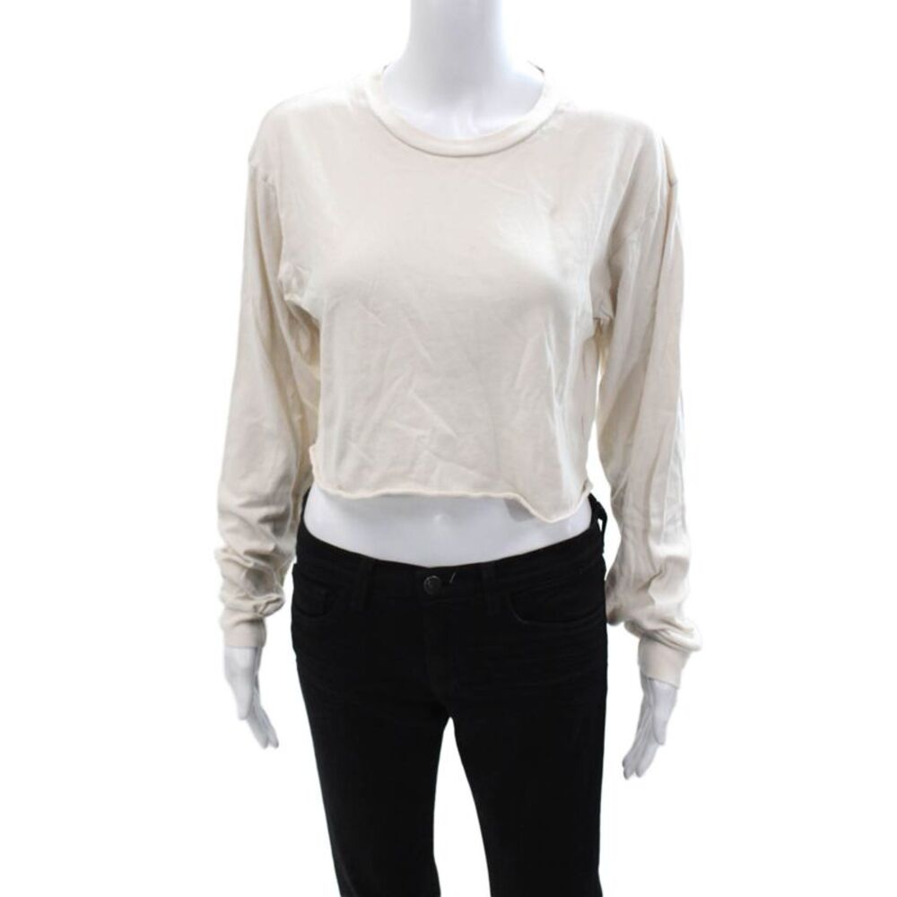 Perfect White Tee Womens Cropped Beige Cotton Crew Neck Long Sleeve Tee Size XS